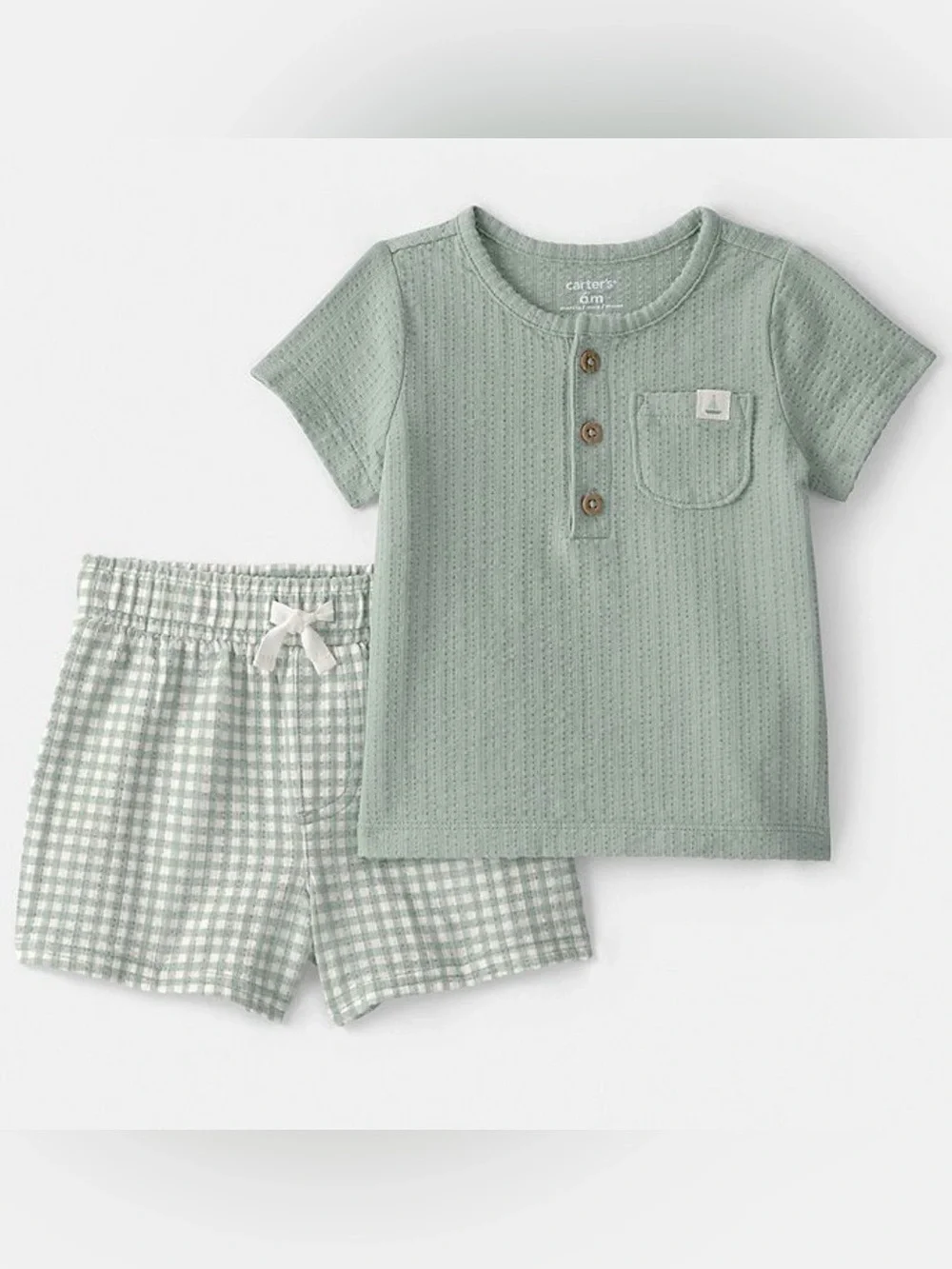 Carter's Sage Green Short Sleeve Henley Set with Gingham Shorts